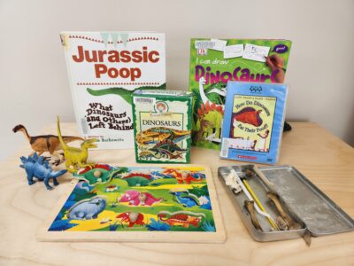 Dinosaur kit that has books, toy dinosaurs, a dinosaur bone kit, and a puzzle