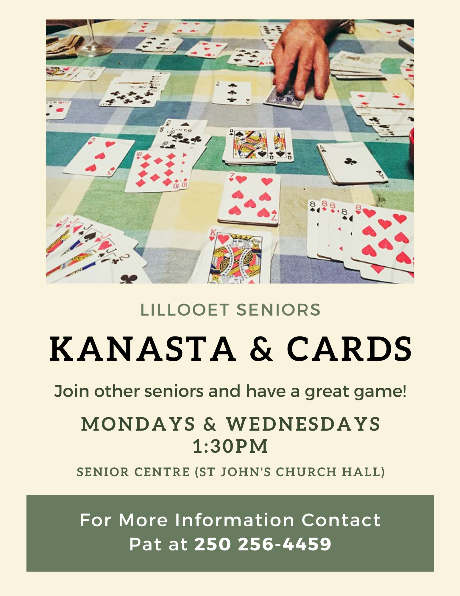 Poster for kanasta and cards for seniors every Monday and Wednesday